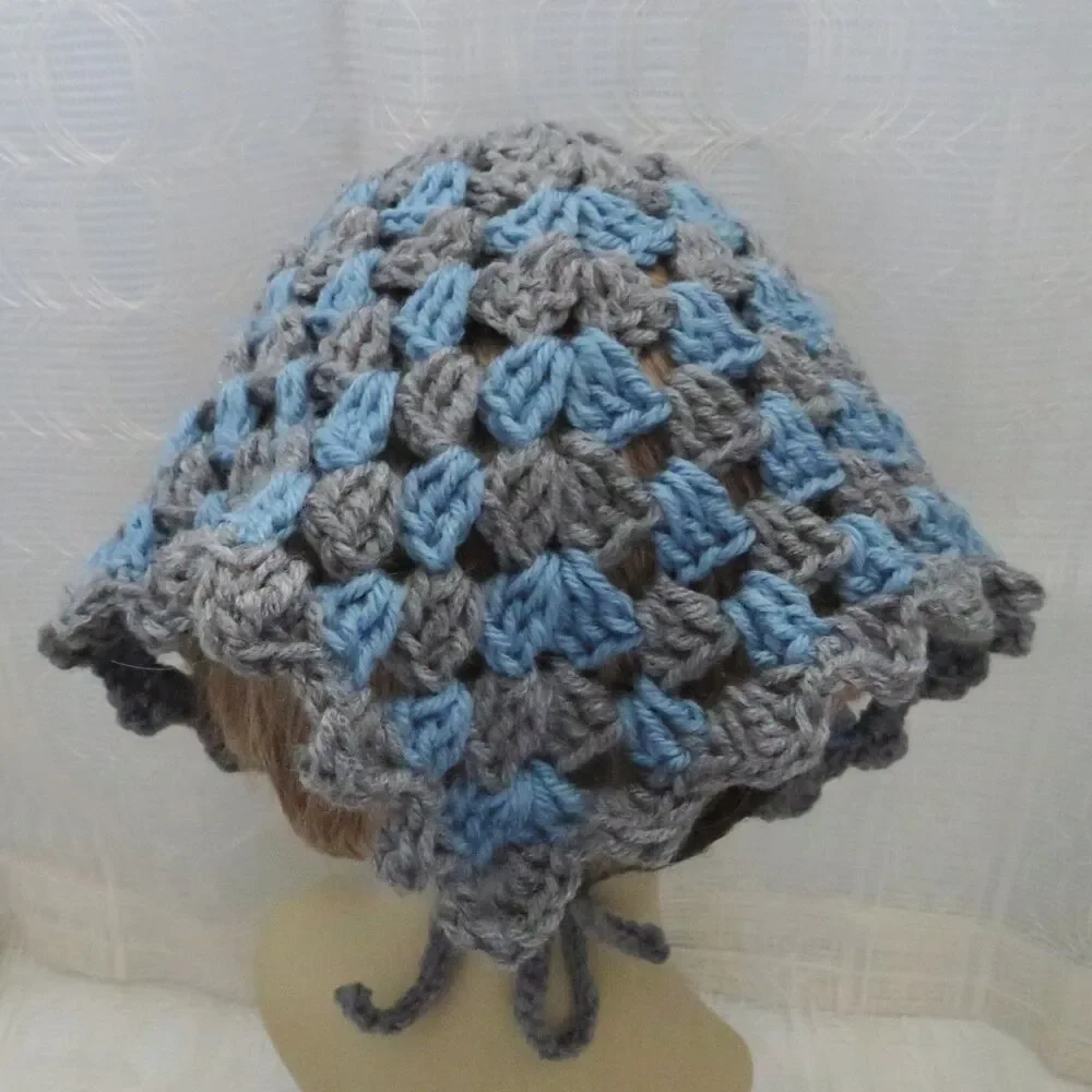 Handmade Crocheted Gray and Blue Bandana, Boho Style Head Covering, Cottage Core